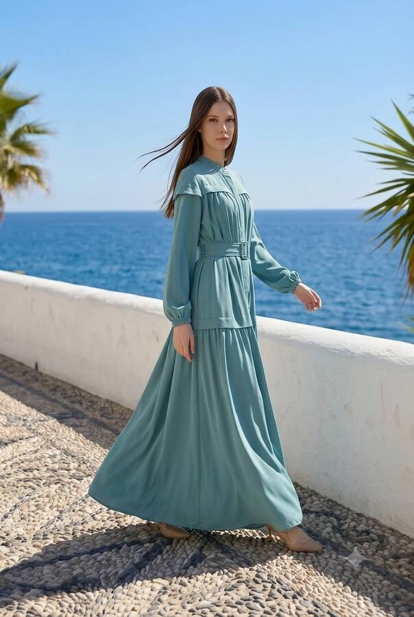 6605-Carla Büzgülü Kuşaklı Elbise Mint Yeşili