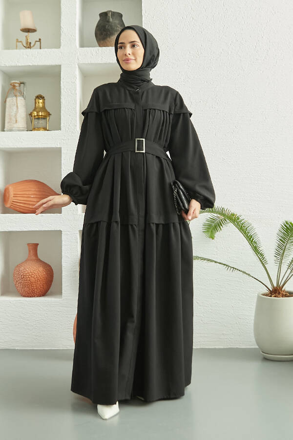 6605-Carla Büzgülü Kuşaklı Elbise Siyah