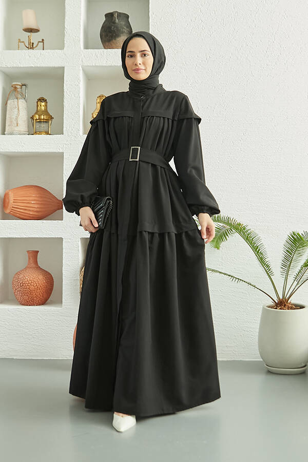 6605-Carla Büzgülü Kuşaklı Elbise Siyah