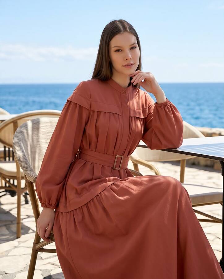 6605-Carla Büzgülü Kuşaklı Elbise Taba
