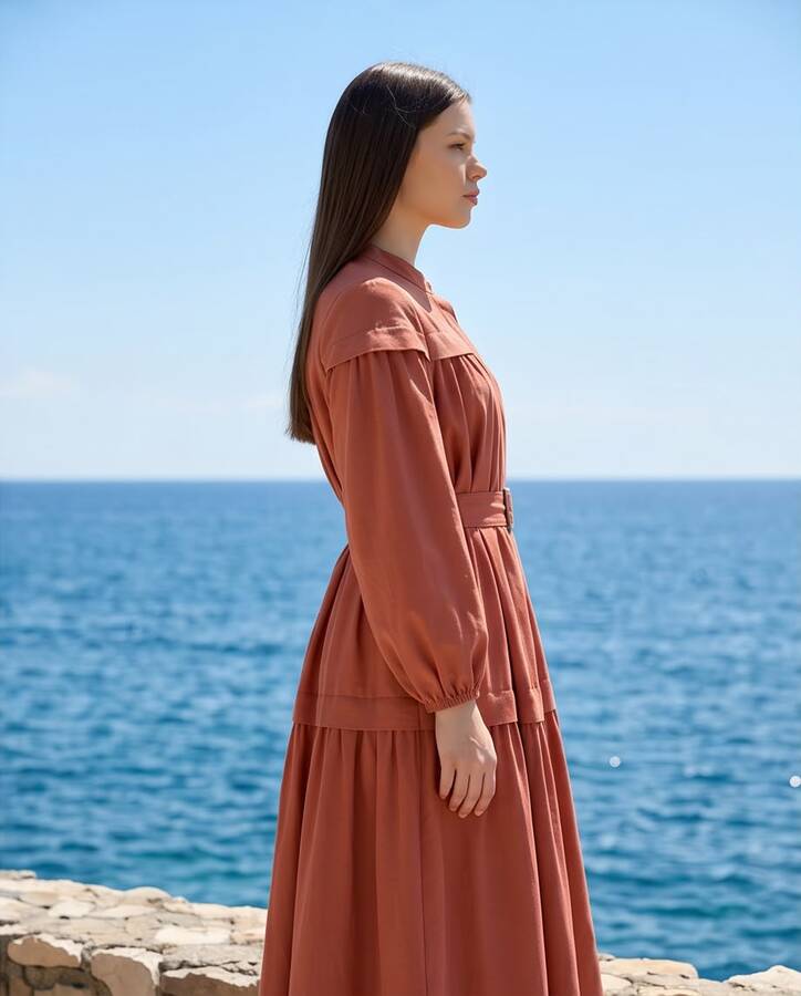 6605-Carla Büzgülü Kuşaklı Elbise Taba