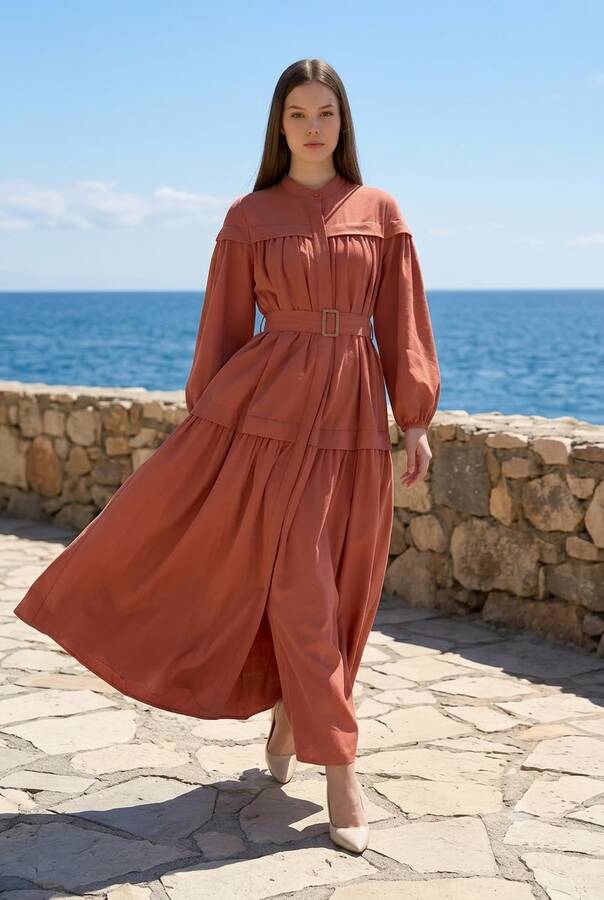 6605-Carla Büzgülü Kuşaklı Elbise Taba