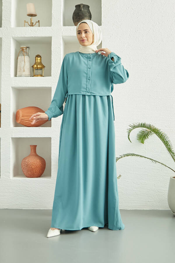 6606-Allerli Krep Elbise Mint Yeşili
