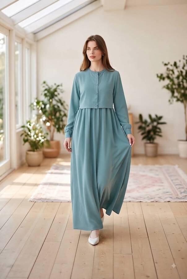 6606-Allerli Krep Elbise Mint Yeşili