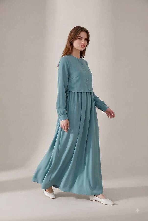 6606-Allerli Krep Elbise Mint Yeşili