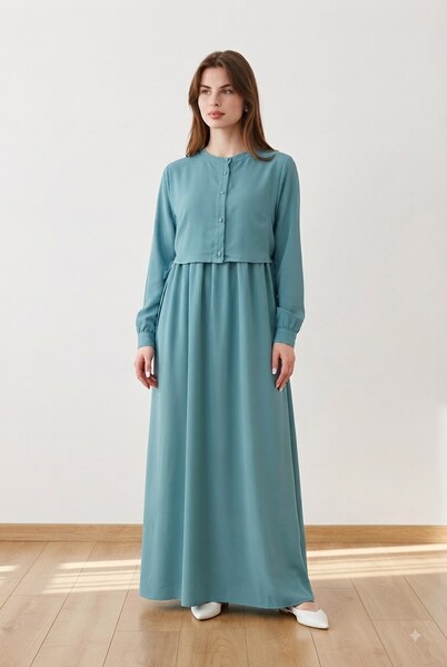 Neways - 6606-Allerli Krep Elbise Mint Yeşili