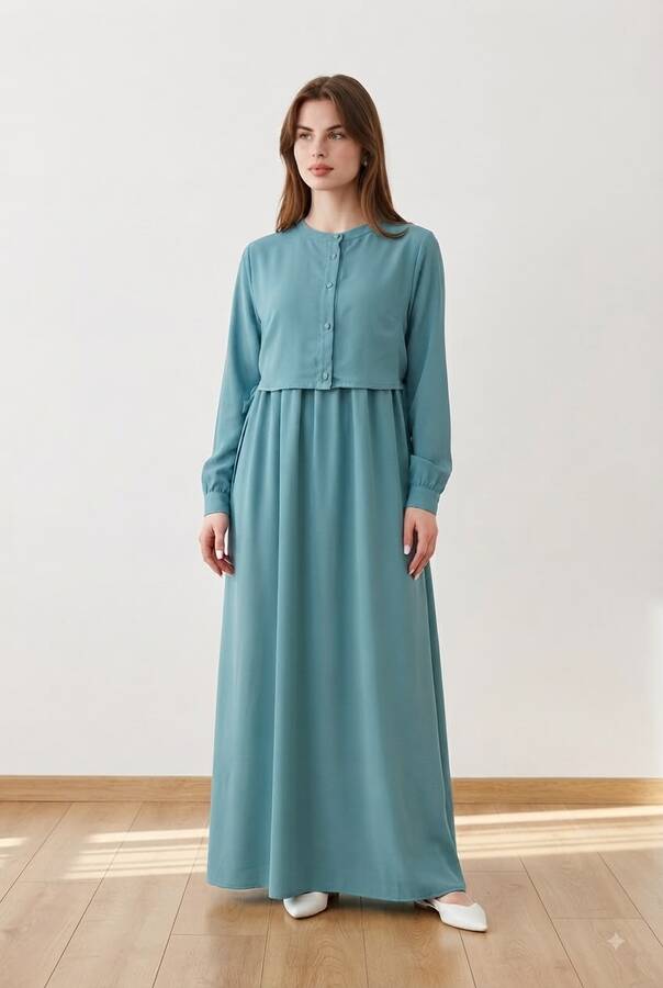 6606-Allerli Krep Elbise Mint Yeşili