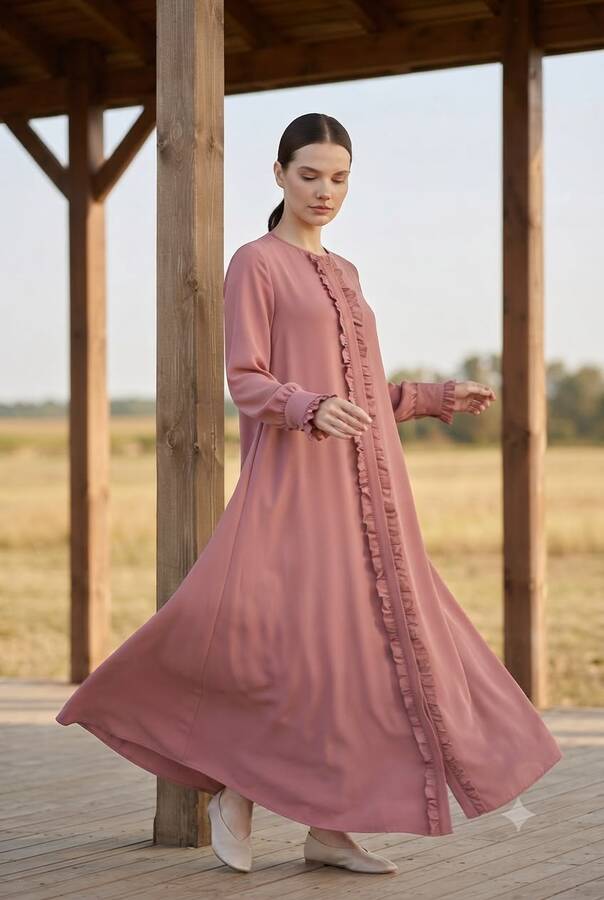6607-Fırfırlı Krep Ferace Gül Kurusu