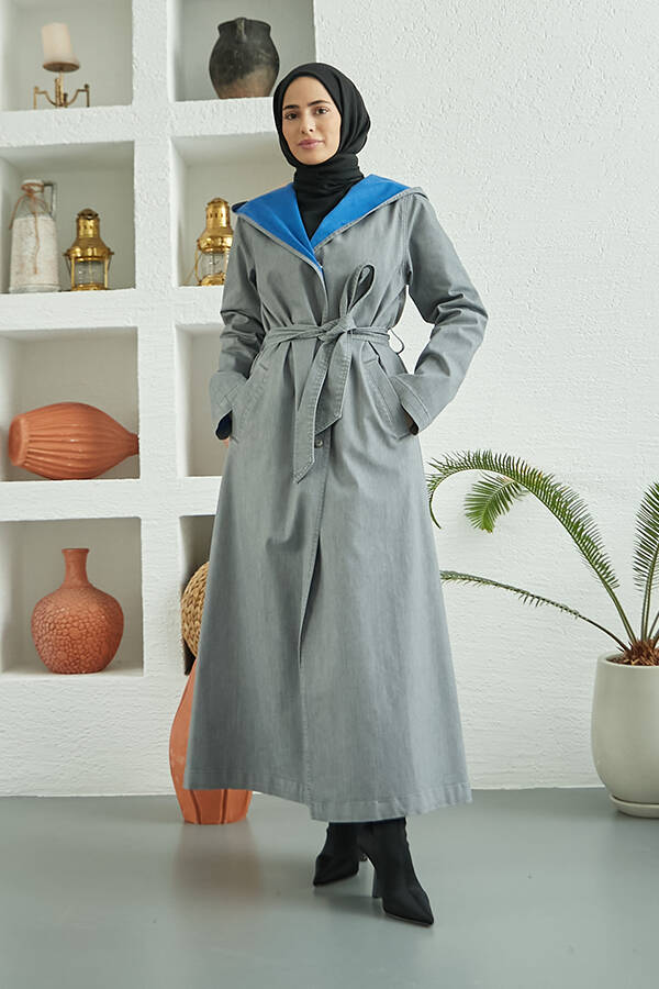 6611-Denim Kapşonlu kap Gri