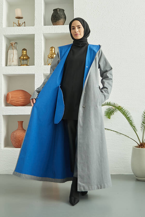 6611-Denim Kapşonlu kap Gri