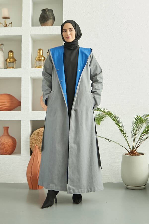 6611-Denim Kapşonlu kap Gri
