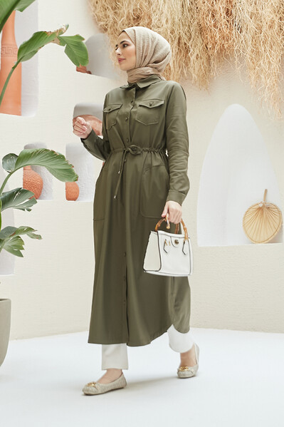 Neways - 6613-Cepli Bağcıklı Tunik Haki