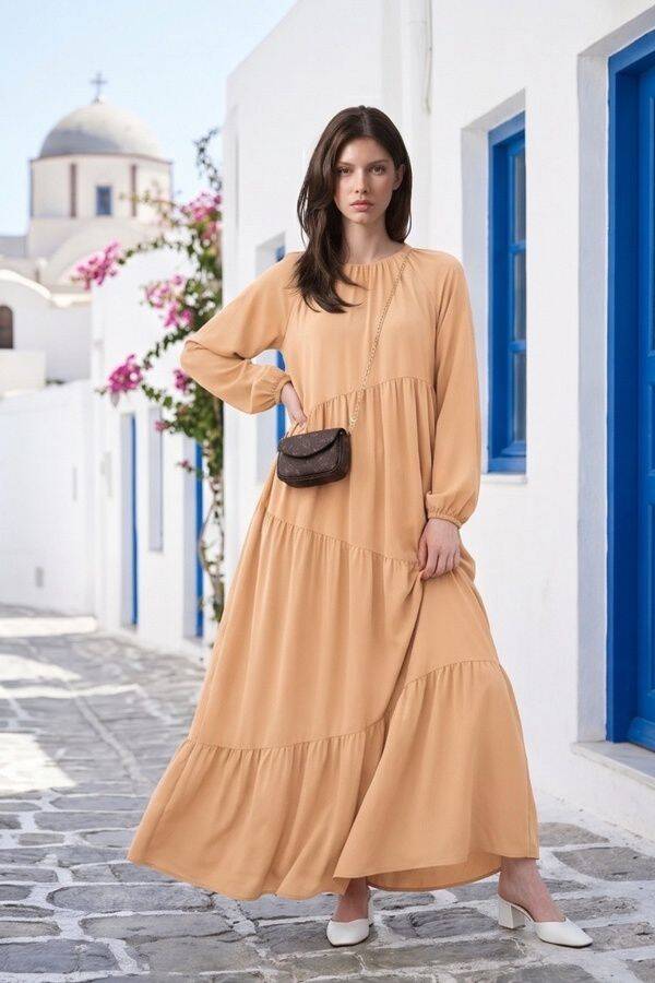 6614-Büzgülü Berlin Elbise Camel