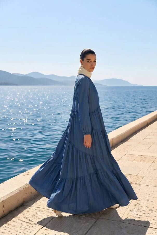 6614-Denim Büzgülü Tensel Elbise Koyu Mavi