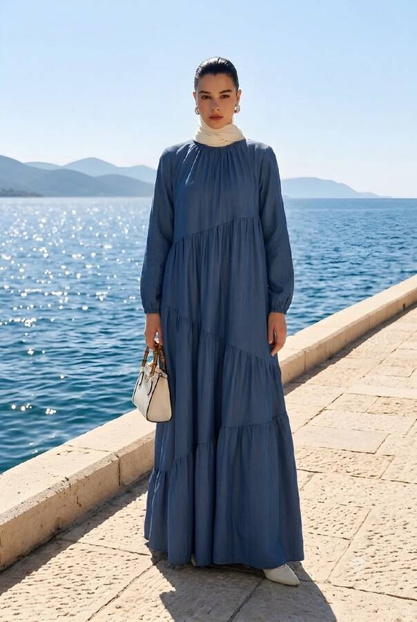 6614-Denim Büzgülü Tensel Elbise Koyu Mavi