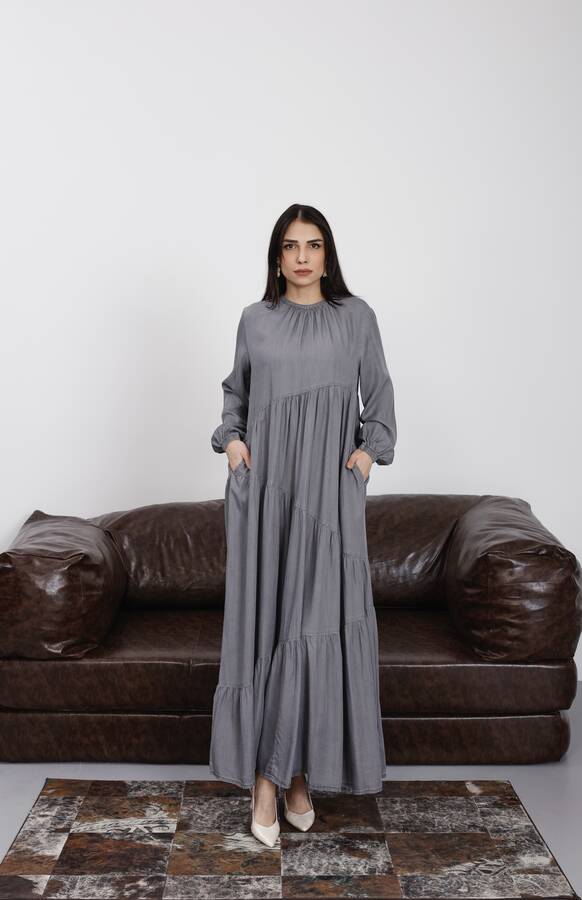 6614-Denim Büzgülü Tensel Elbise Gri