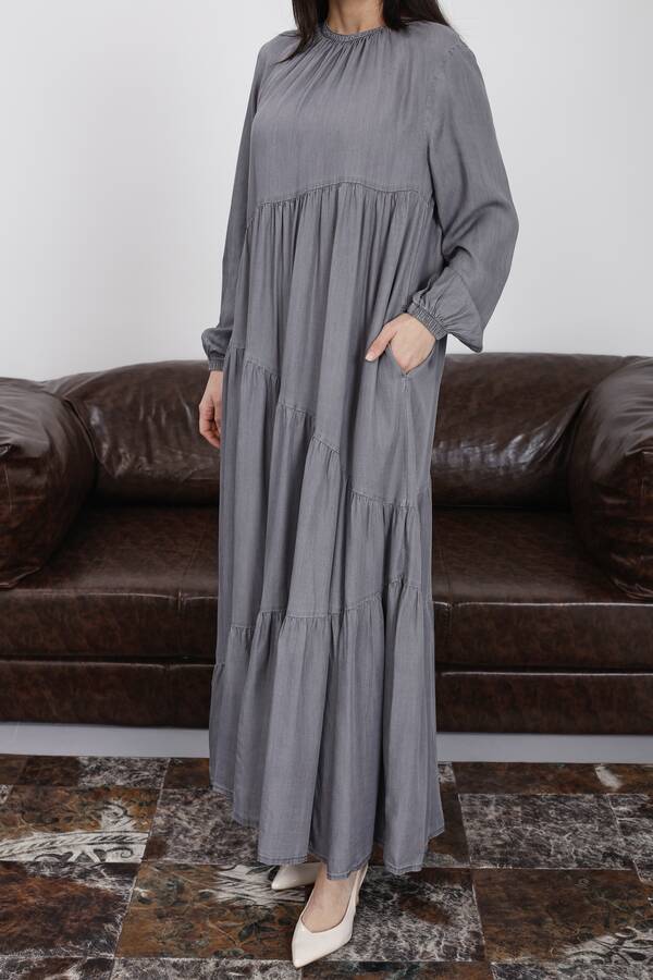 6614-Denim Büzgülü Tensel Elbise Gri