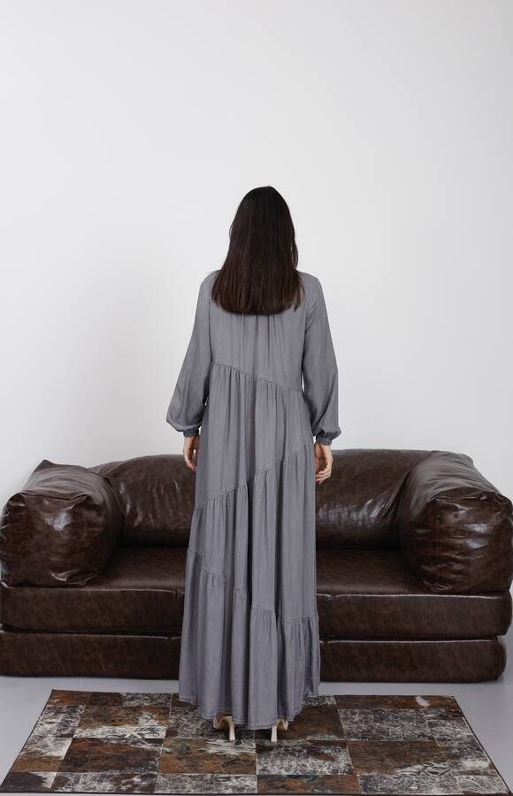 6614-Denim Büzgülü Tensel Elbise Gri