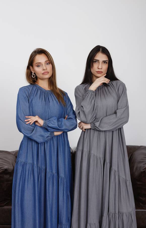 6614-Denim Büzgülü Tensel Elbise Gri