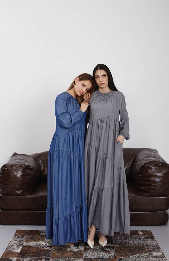 6614-Denim Büzgülü Tensel Elbise Gri