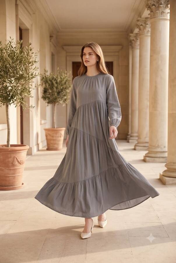 6614-Denim Büzgülü Tensel Elbise Gri