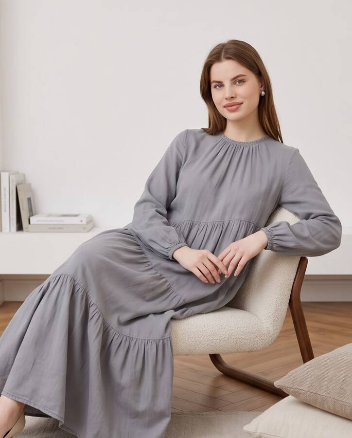 6614-Denim Büzgülü Tensel Elbise Gri