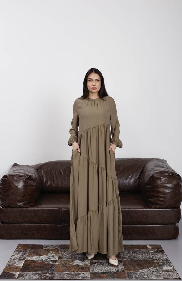 6614-Denim Büzgülü Tensel Elbise Haki