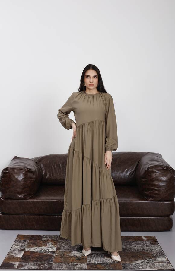 6614-Denim Büzgülü Tensel Elbise Haki