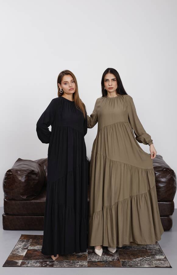 6614-Denim Büzgülü Tensel Elbise Haki