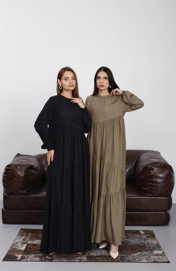 6614-Denim Büzgülü Tensel Elbise Haki