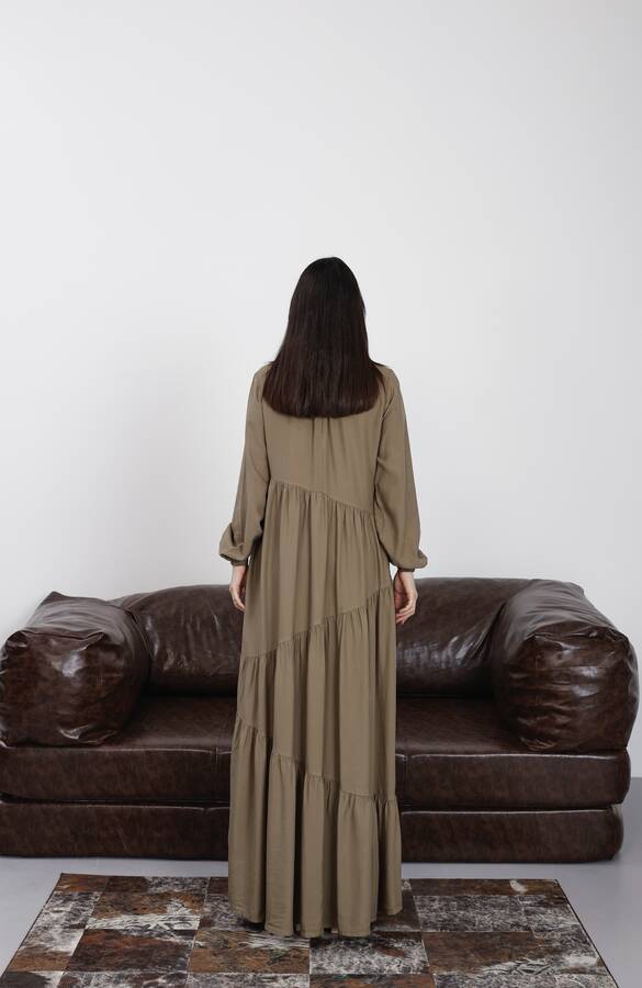 6614-Denim Büzgülü Tensel Elbise Haki