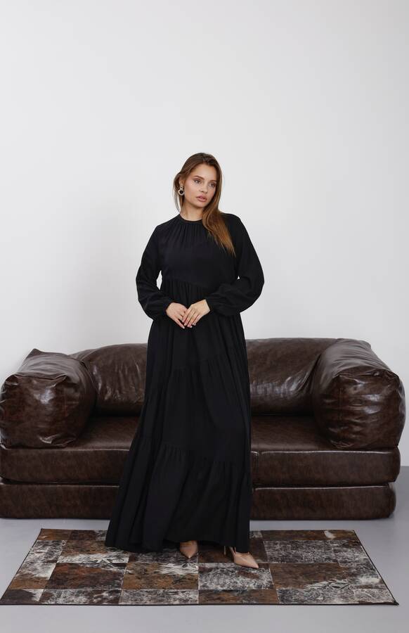 6614-Denim Büzgülü Tensel Elbise Siyah