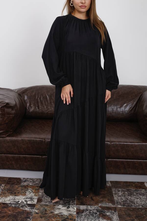 6614-Denim Büzgülü Tensel Elbise Siyah