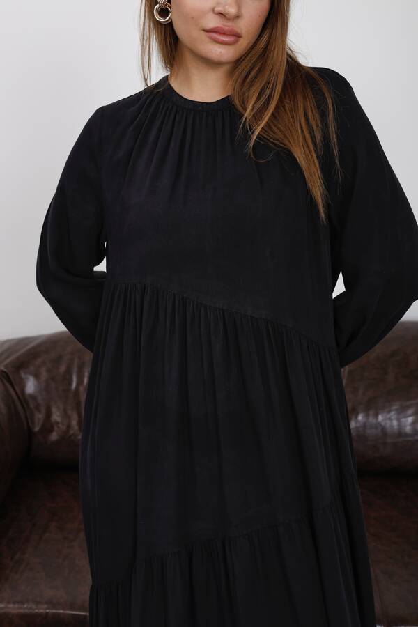 6614-Denim Büzgülü Tensel Elbise Siyah