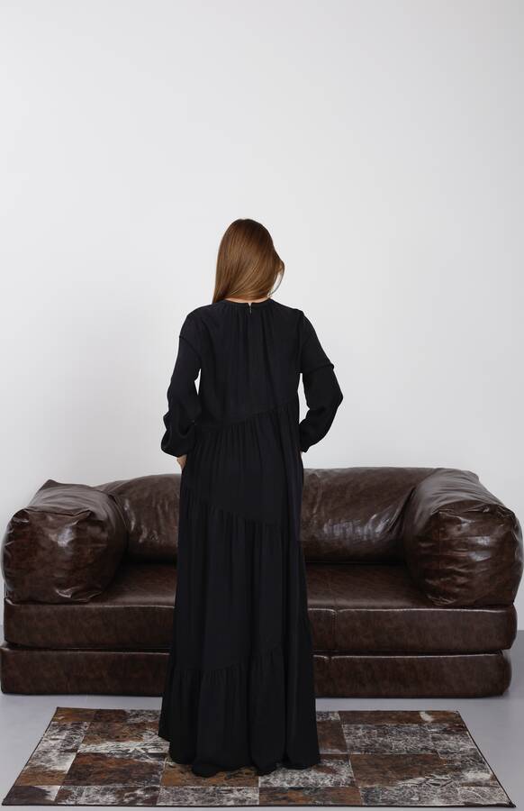 6614-Denim Büzgülü Tensel Elbise Siyah