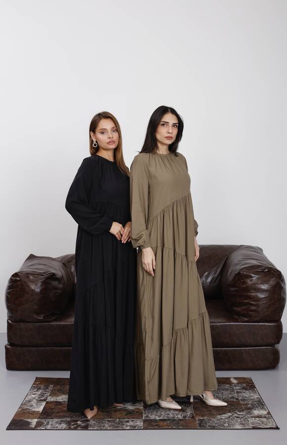 6614-Denim Büzgülü Tensel Elbise Siyah