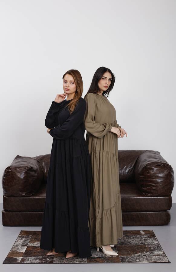 6614-Denim Büzgülü Tensel Elbise Siyah