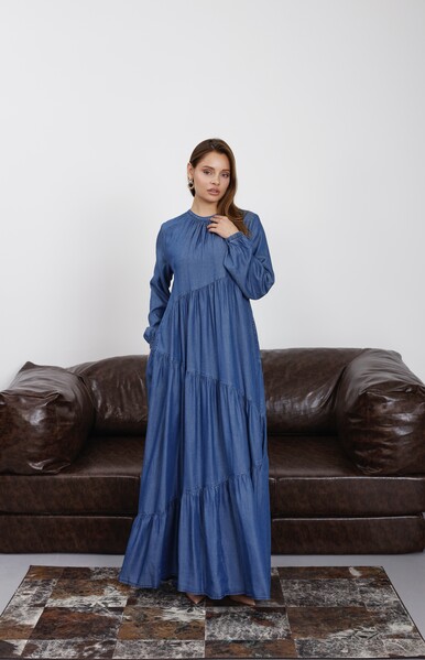 Neways - 6614-Tensel Büzgülü Elbise Koyu Mavi