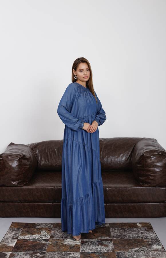 6614-Tensel Büzgülü Elbise Koyu Mavi