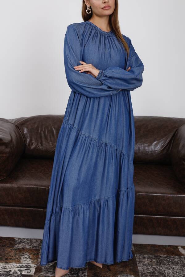 6614-Tensel Büzgülü Elbise Koyu Mavi