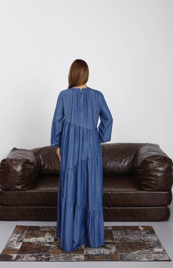 6614-Tensel Büzgülü Elbise Koyu Mavi