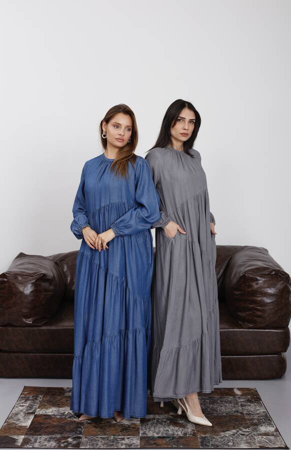 6614-Tensel Büzgülü Elbise Koyu Mavi