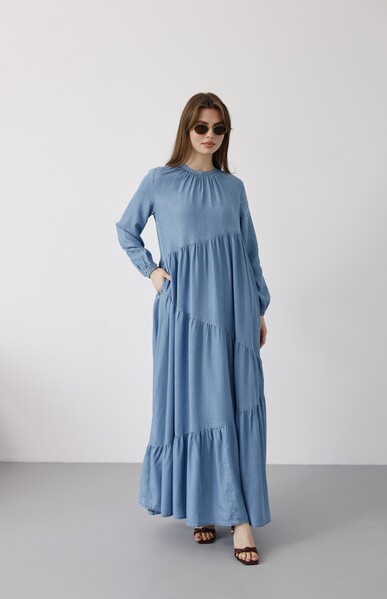 Neways - 6614-Tensel Büzgülü Elbise Mavi