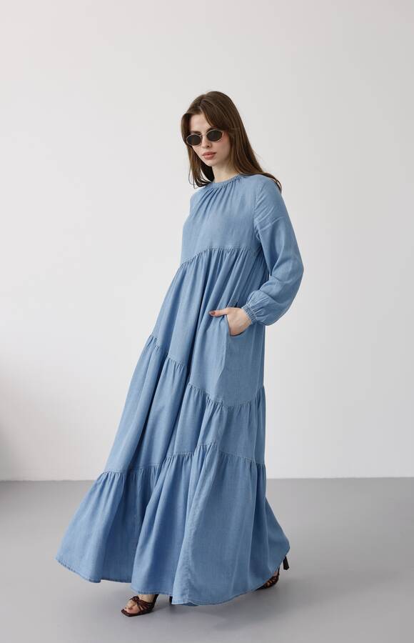 6614-Tensel Büzgülü Elbise Mavi
