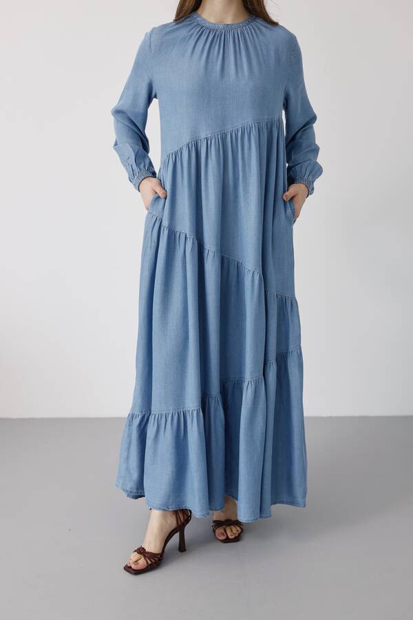 6614-Tensel Büzgülü Elbise Mavi