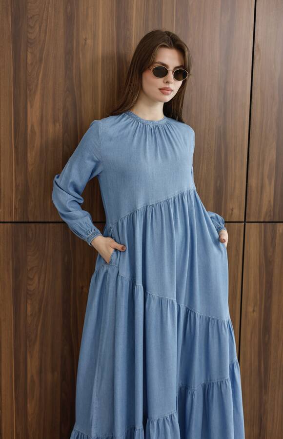 6614-Tensel Büzgülü Elbise Mavi