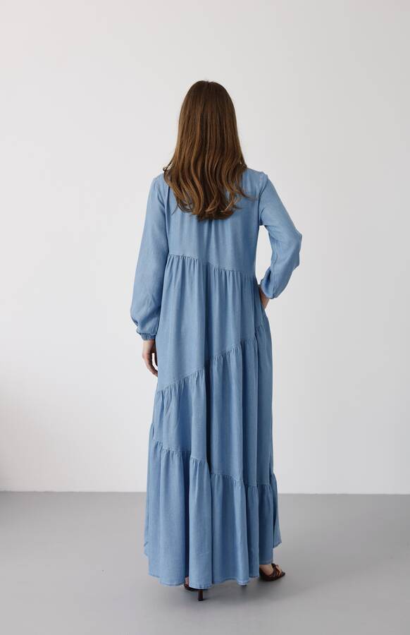6614-Tensel Büzgülü Elbise Mavi
