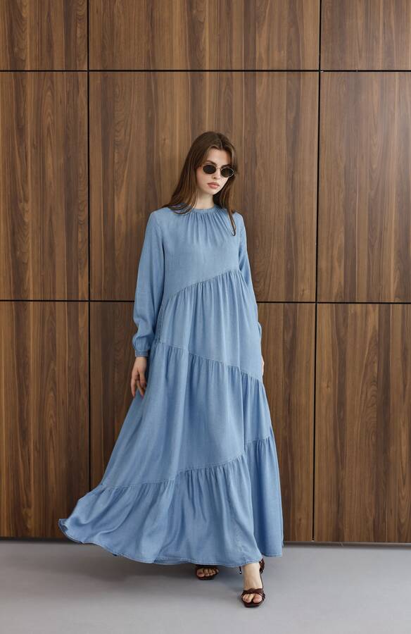 6614-Tensel Büzgülü Elbise Mavi