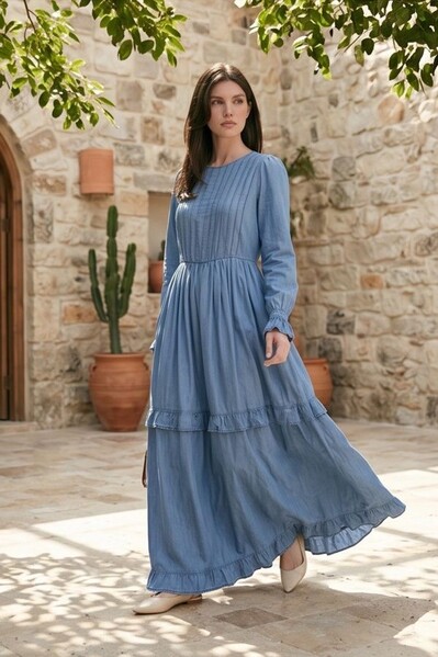 Neways - 6616-Denim Nervürlü Fırfırlı Elbise Koyu Mavi