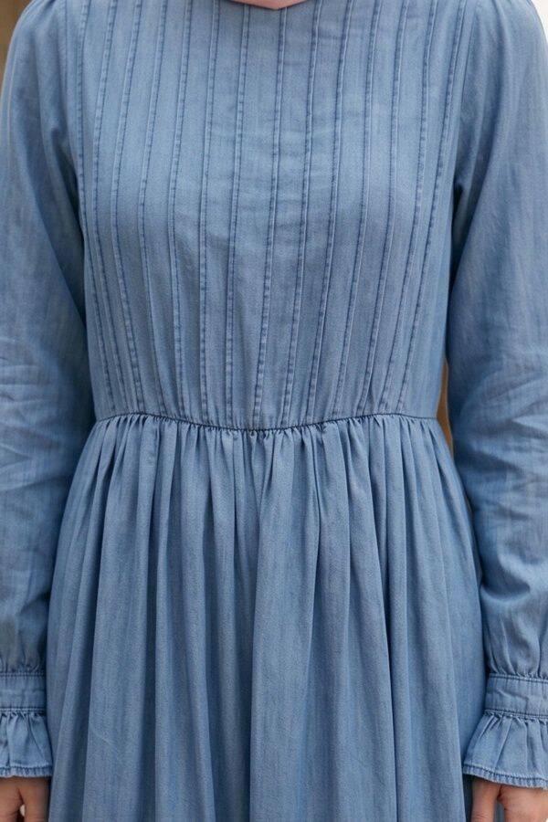 6616-Denim Nervürlü Fırfırlı Elbise Koyu Mavi